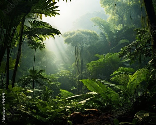 Lush tropical rainforest with morning mist, high resolution for detailed naturethemed wallpaper, vibrant green foliage, immersive view photo