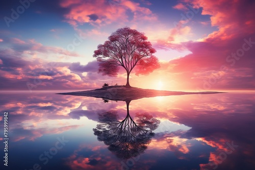 Peaceful dreamy landscape, surreal colors at sunset, single tree under vibrant pink and purple sky, reflection on calm water