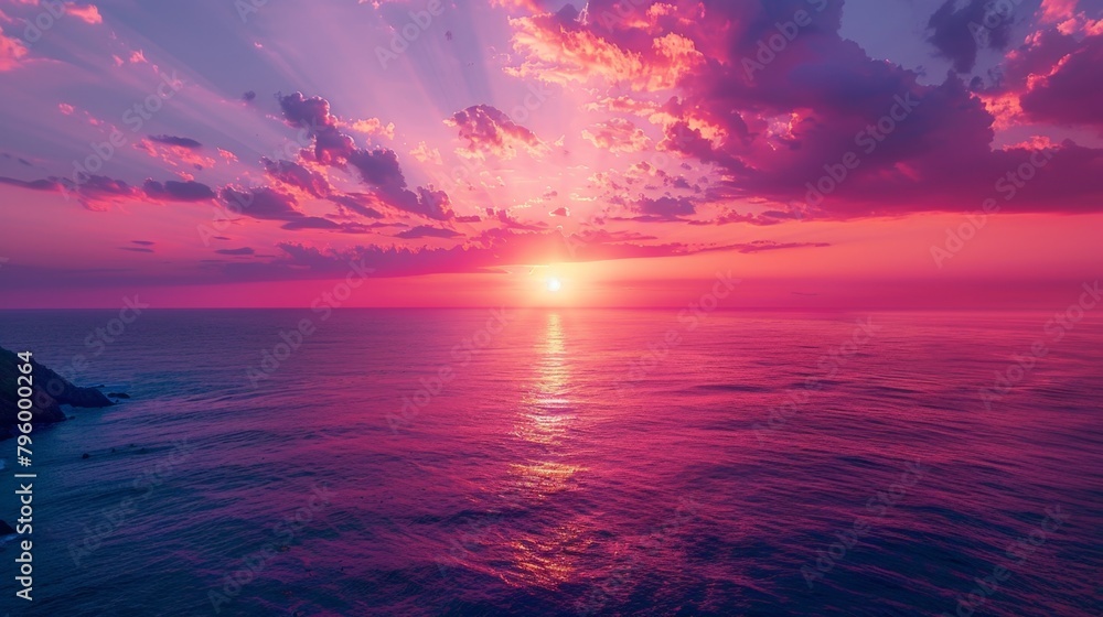 Pink sunset ocean bright sky