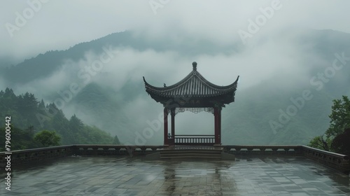 Atmospheric Chinese funeral pavilion set in misty mountains, ancient rites performed, a sense of timelessness and respect