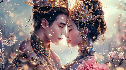 Scifi Thai bride and groom in anime form, adorned in digitally enhanced traditional costumes with holographic gold jewelry photo
