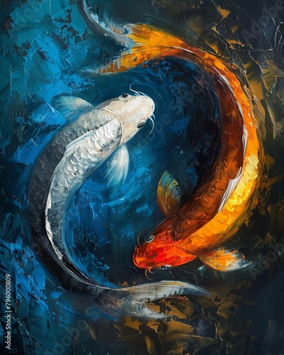 Captivating oil painting with Koi fish portrayed in a yin yang design, illustrating the dynamic interplay of elements with deep, immersive colors © Thanadol