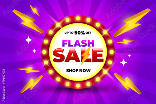 Flash sale advertising banner or poster design with 3d text effect 50% discount offer on purple background