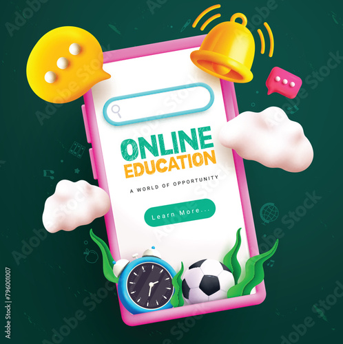 Online education vector design. Back to school online education with mobile phone learning elements for e learning and distance course educational device concept. Vector illustration online education 