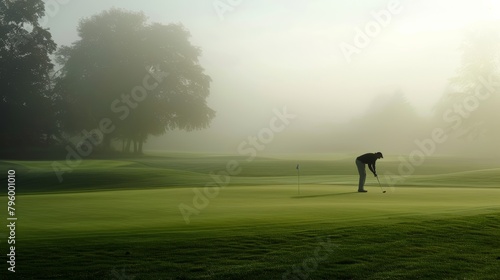 A golfer putting on a green shrouded in a light morning fog, creating a tranquil and mystical atmosphere photo