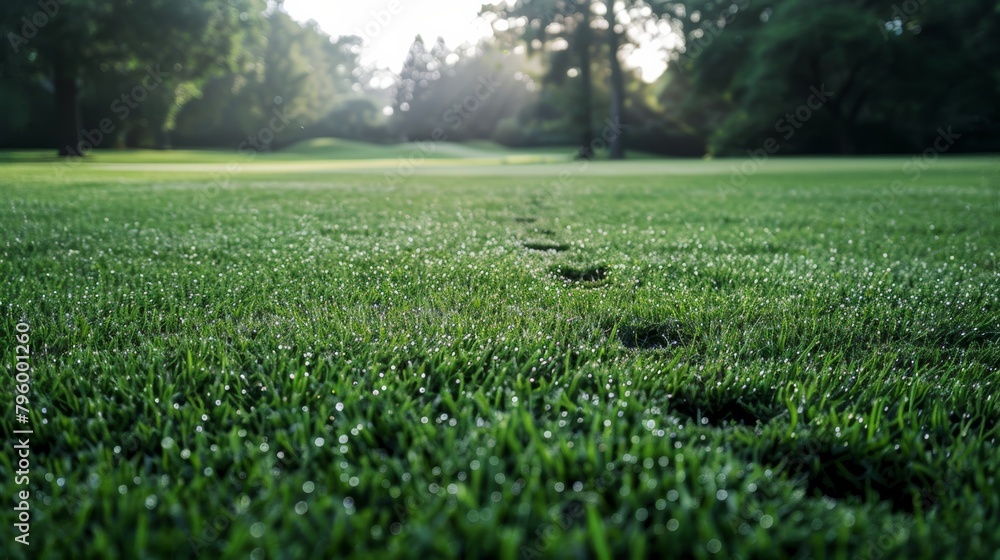 A footprints left in the morning dew on a fairway, leading towards the green, symbolizing the journey of a golf hole A footprints left in the morning dew on a fairway, leading towards the green, symbolizing the journey of a golf hole