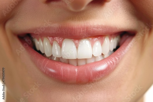 A close-up of a person's mouth revealing their pearly white teeth as they smile,