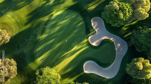 An aerial view of a golf course highlighting the geometric patterns of sand traps contrasted with the green fairways 