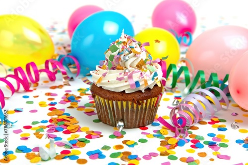 A cupcake surrounded by festive party decorations  such as balloons  streamers  and confetti.