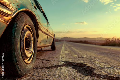 A car tire is shown on a road with a cracked surface photo