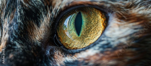 An up-close view of a feline's eye and its round eyeball surrounded by fur and whiskers in great detail