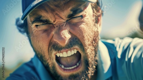 A close-up shot of a golfer's face contorted in disbelief after missing a short putt, capturing the emotional rollercoaster of golf