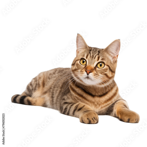 tabby cat lying and looking away isolated on white background