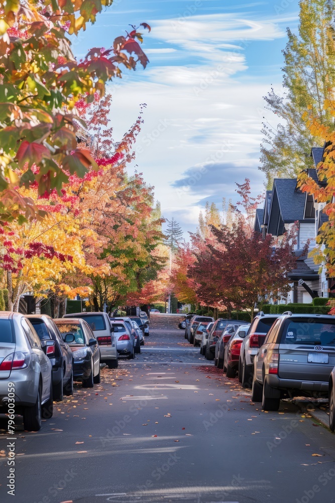 A suburban neighborhood street lined with parked cars and colorful autumn foliage, Generative AI