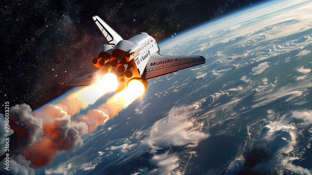 Fototapeta premium Space Shuttle Launching from Earth into Space with Flames