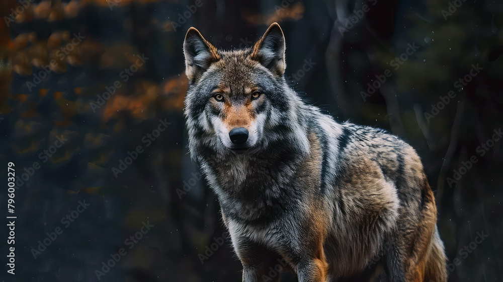 Portrait of a wolf in the forest. Wildlife scene from nature.