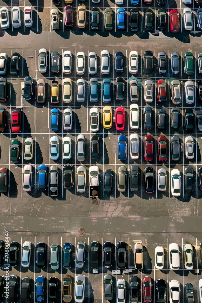 Obraz premium An aerial view of a busy airport parking lot, filled with rows of cars awaiting their owners' return, Generative AI