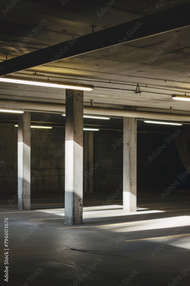 An empty parking garage with fluorescent lights casting shadows across the concrete pillars, Generative AI An empty parking garage with fluorescent lights casting shadows across the concrete pillars, Generative AI