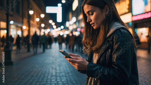 Closeup of woman hands typing an sms message via smartphone outside, hipster woman enjoying evening walk and using his cellphone, bokeh lights photo