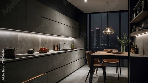 Interior of modern kitchen with gray and wooden walls  concrete floor  gray countertops and wooden cupboards. 