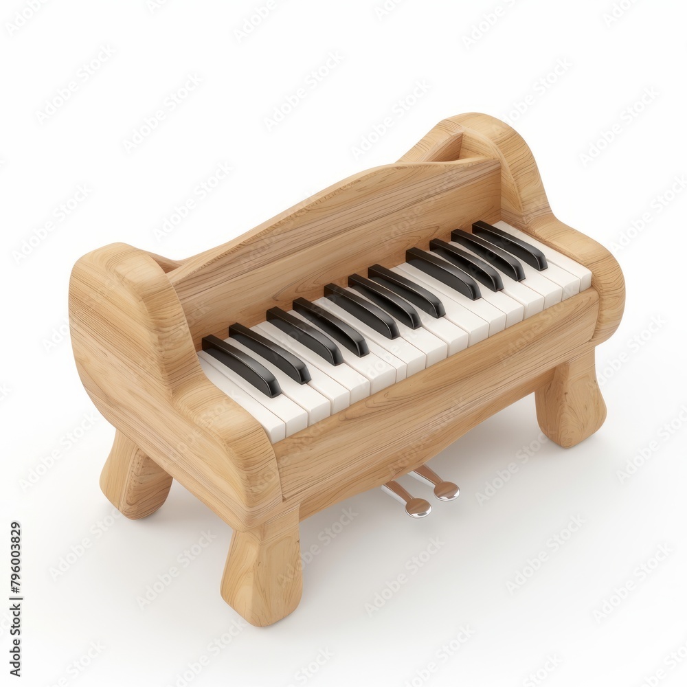 3D Render of a wooden toy piano with keys that produce musical notes, on isolated white background, Generative AI