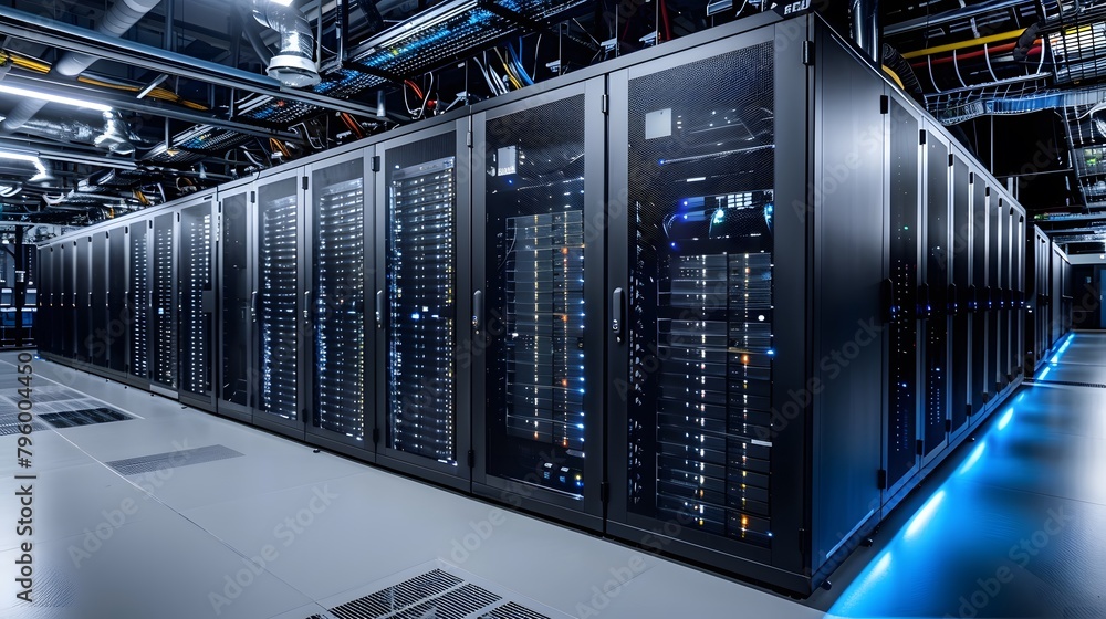 A state-of-the-art data center equipped with rows of server racks, advanced cooling systems, and redundant power supplies. A state-of-the-art data center equipped with rows of server racks, advanced cooling systems, and redundant power supplies.