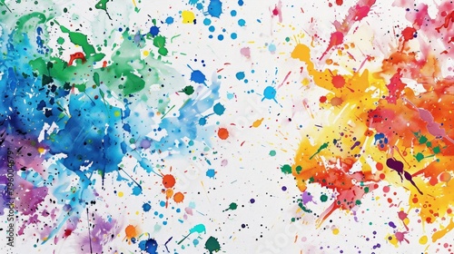 Playful artwork with colorful paint splatters scattered across the canvas, created with a variety of brush sizes and techniques. 