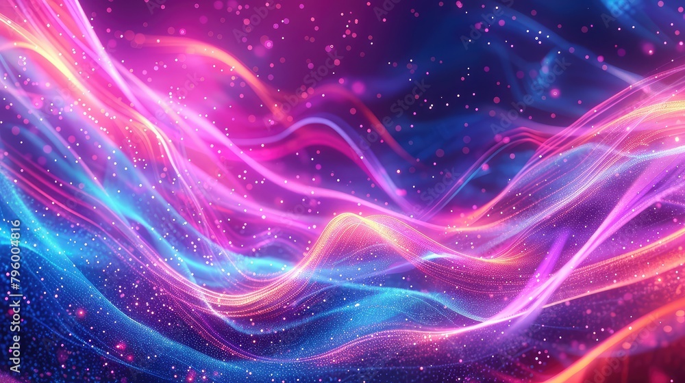 Beautiful abstract cosmic light rays background. Cosmic Magic neon mystical sparks shine streaks. Glow wave wind lines effect