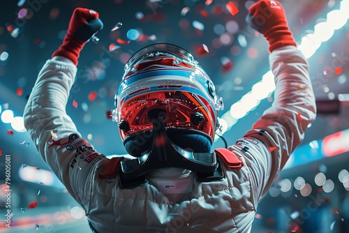 A car racer celebrating his winning in race with lots of confetti and celebration type environment with a big space for text or product advertisement background, Generative AI. photo