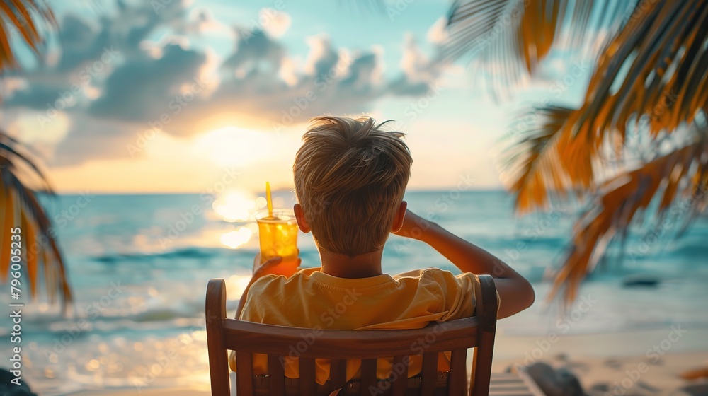 Rear view of a young child boy savoring a drink of juice while unwinding over a lounge chair over the backdrop of a coastlines great time and space, Generative AI. - obrazy, fototapety, plakaty 