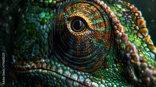 Closeup of a chameleons eye and textured skin dramatic detail against a deep emerald green background intense and captivating
