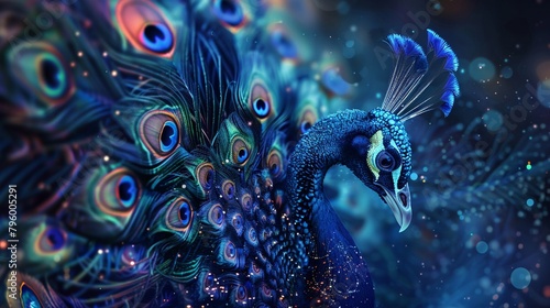 Majestic peacock with iridescent plumage posing gracefully on a deep blue backdrop focus on intricate feather details