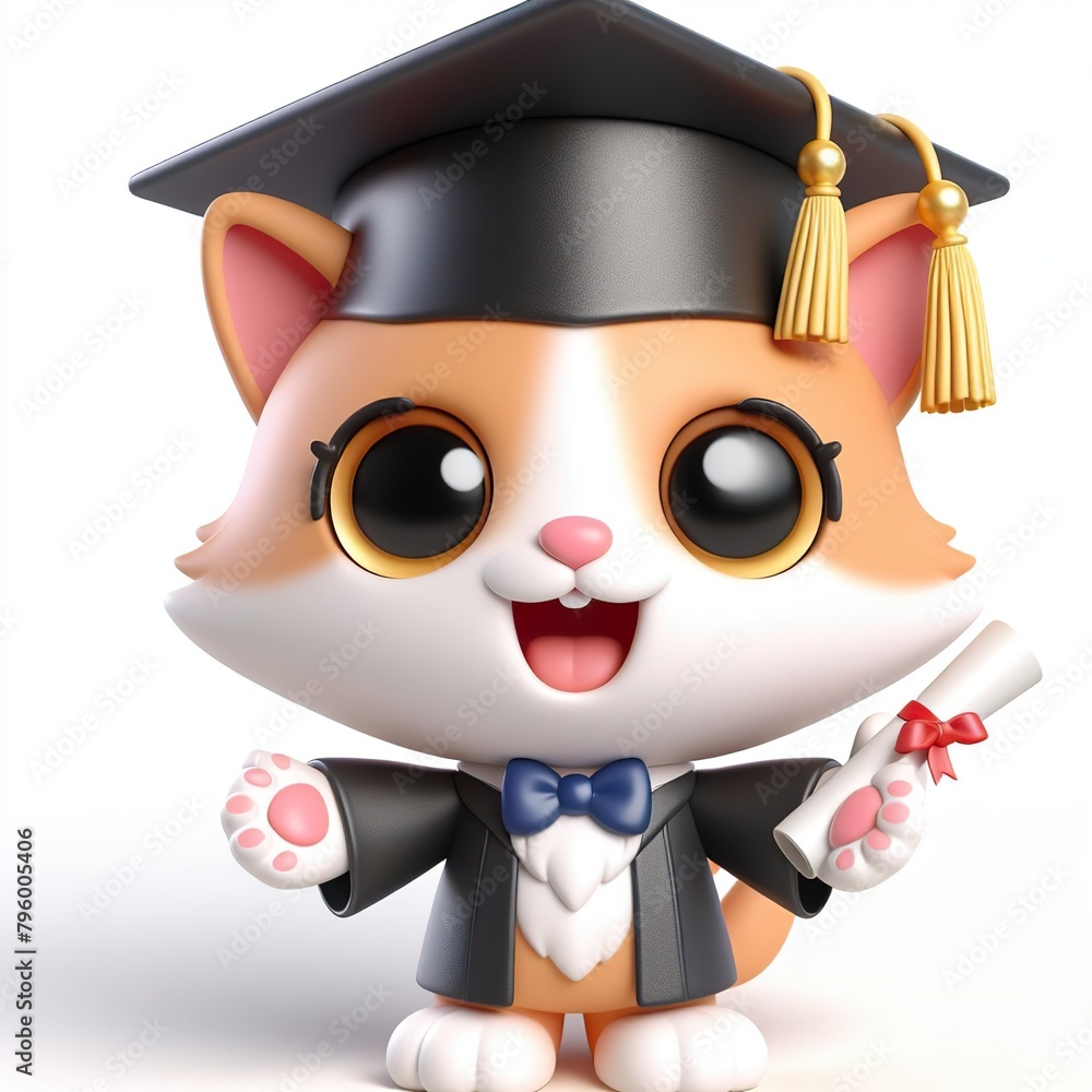 Cute character 3D image of A cute cat is wearing a hat in a graduation ceremony - obrazy, fototapety, plakaty 