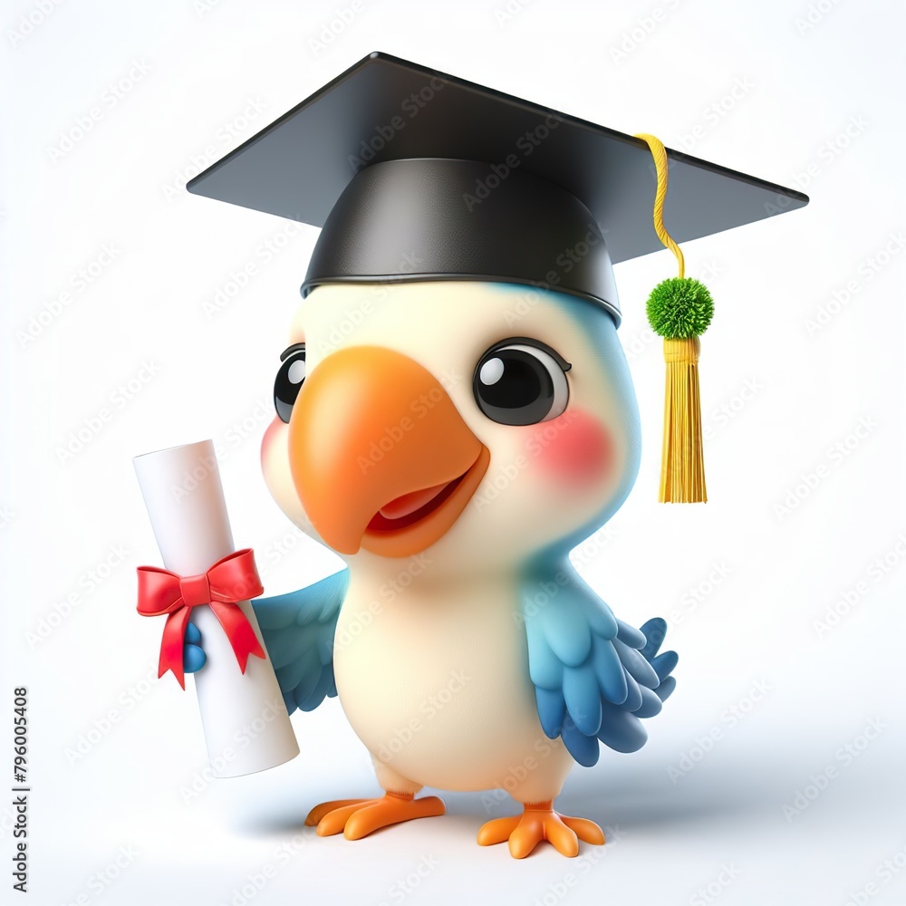 Cute character 3D image of A Parrot  is wearing a hat in a graduation ceremony - obrazy, fototapety, plakaty 