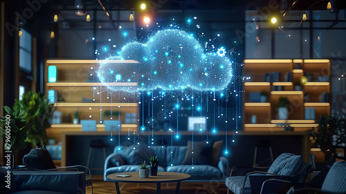 Abstract visualization of a cloud with tendrils connecting to various tech devices on a desk