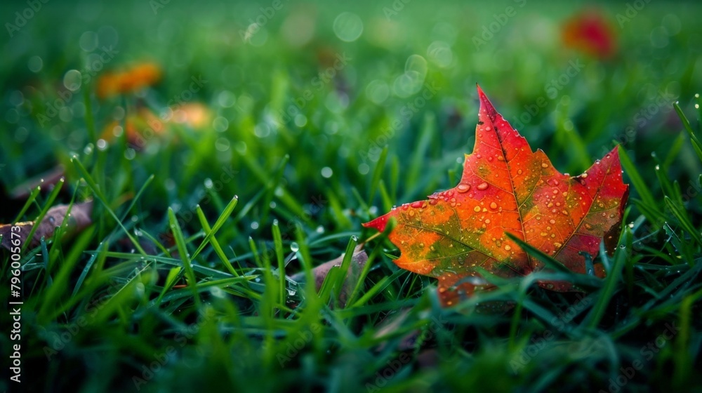Leaf resting on grass with water drops Leaf resting on grass with water drops