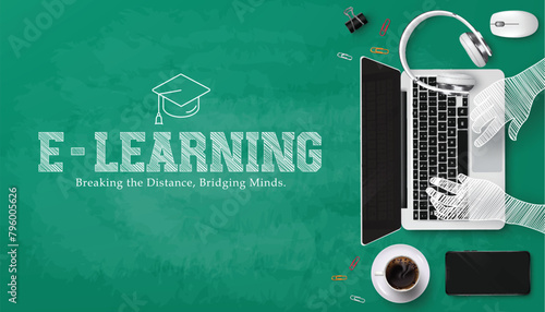 E learning school vector template design. Back to school e learning text with laptop computer device, headphone and mouse learning device for distance education in green board background. Vector 