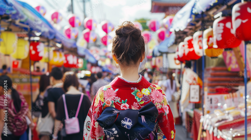 夏祭りを楽しむ浴衣の女性