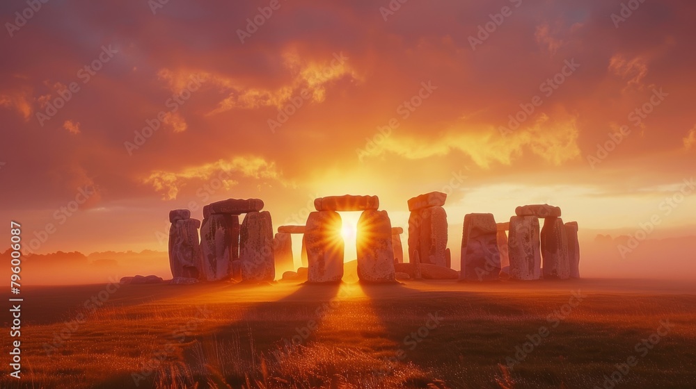 The sun rising behind the ancient monument of Stonehenge during the summer solstice, capturing the alignment of the stones with the sun