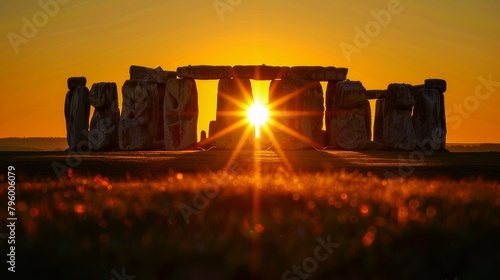 The sun rising behind the ancient monument of Stonehenge during the summer solstice, capturing the alignment of the stones with the sun