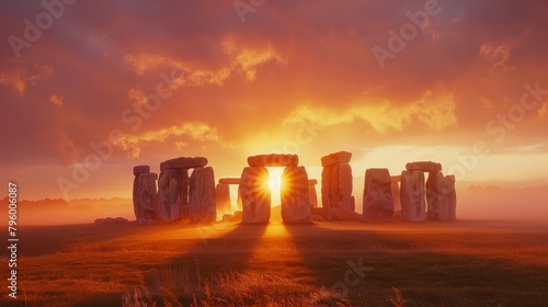 The sun rising behind the ancient monument of Stonehenge during the summer solstice, capturing the alignment of the stones with the sun photo