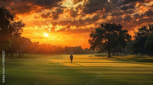 A breathtaking sunrise casting an orange glow over a pristine golf course with a lone golfer walking towards the first tee