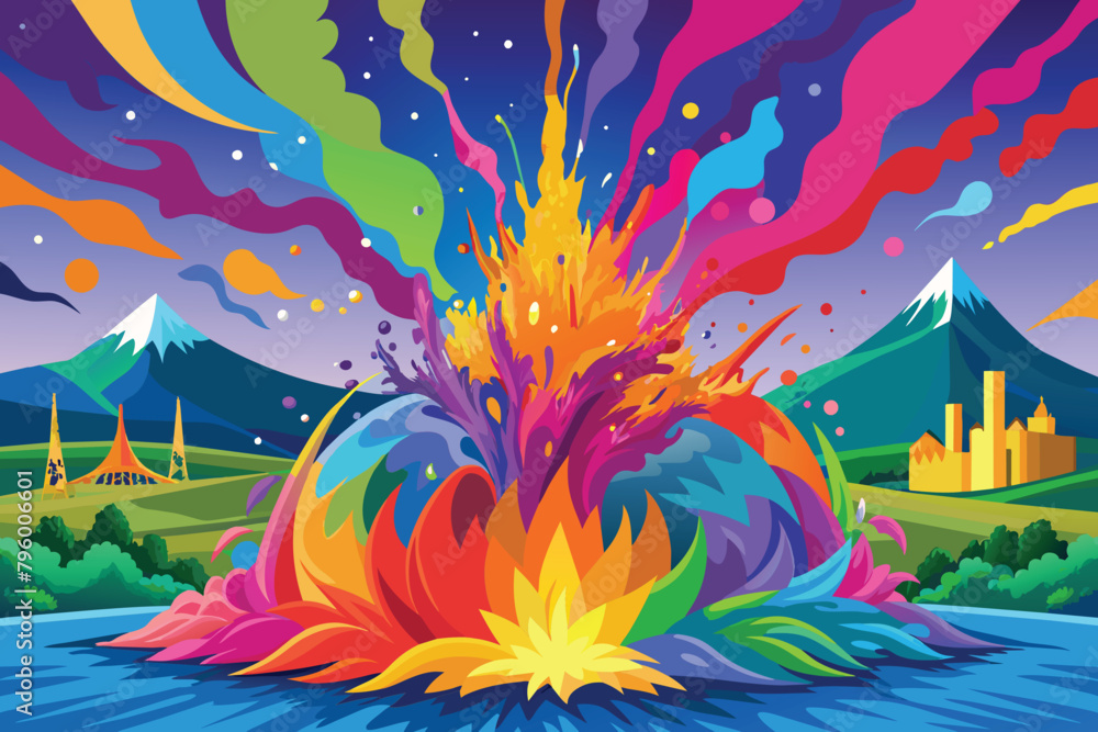 colorful rainbow holi paint color powder explosion vector, isolated wide Poseidon panorama background