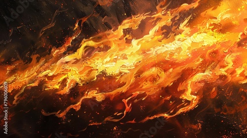 Dynamic painting of fiery flames leaping and crackling against a dark backdrop. 