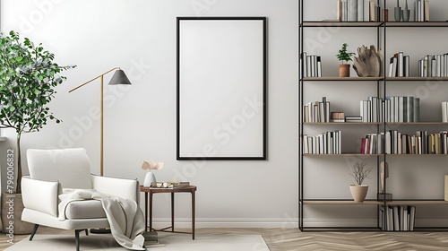 Blank vertical poster mock up with black frame on the wall in living room interior with bookshelf armchair coffee table and floor lamp photo