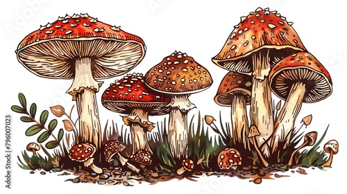 Poisonous mushrooms Vector illustration drawn by hand, family of inedible mushrooms Dangerous mushrooms, toadstool, fly agaric, white toadstool, family of mushrooms isolated on a white background photo