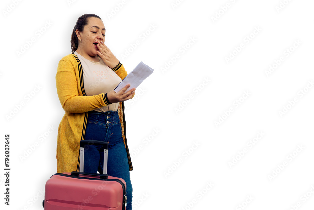 Beautiful woman in summer clothes and pink suitcase, surprised by her cheap ticket on white background. Tourist excited to travel abroad with a bargain ticket. Copy space. Beautiful woman in summer clothes and pink suitcase, surprised by her cheap ticket on white background. Tourist excited to travel abroad with a bargain ticket. Copy space.