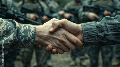 Handshake, deal, business, bokeh military as a background. photo