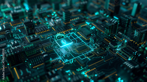 Cybersecurity Concept with Padlock on Circuit Board in Green Neon Light