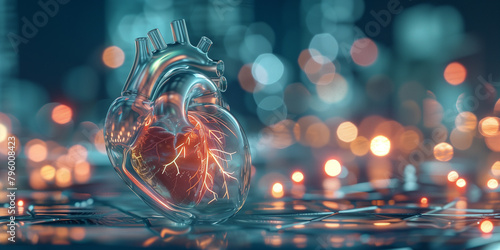 Futuristic Heart Model on Reflective Surface with City Lights Bokeh..